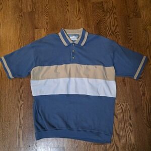 Vintage 80s Hukapoo Men's Blue Tan White Striped Waffle Knit Polo Shirt Size L